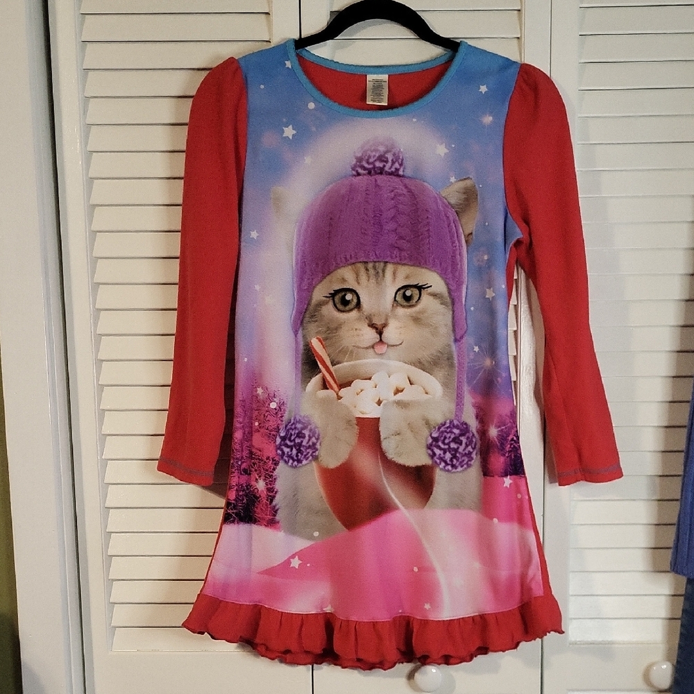 Girls' Red Long-Sleeve Nightgown with Kitten Graphic